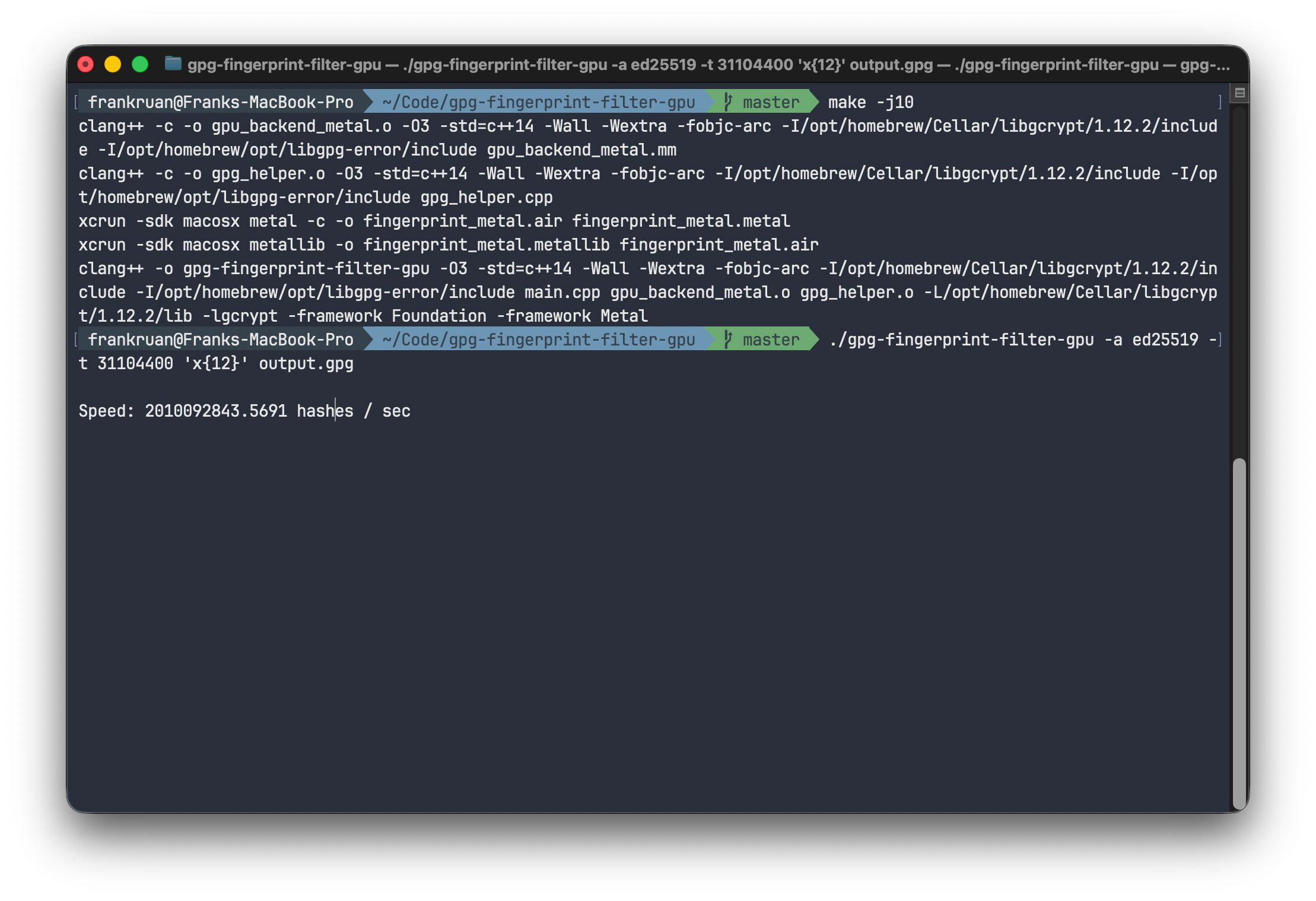The Metal version of gpg-fingerprint-filter-gpu running on my Mac